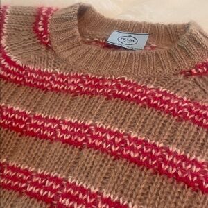Prada womens Tan and Red Striped Crewneck Sweater in EUC